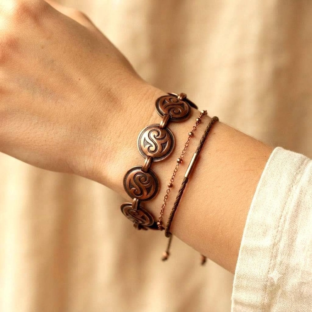 Mid-Century Modernist Copper Bracelet Vintage Swirl Link Statement Jewelry